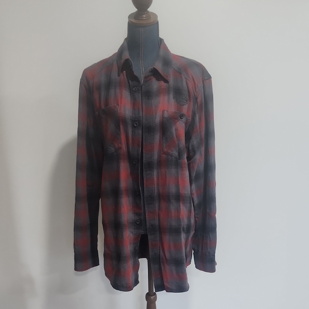 Red, Gray, And Black Plaid Button-Up Shirt